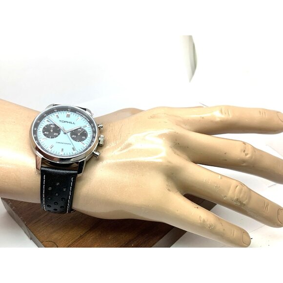 Tophill Men's Watch Mechanical Chronograph Blue Dial Black Leather Band 40mm - Picture 4 of 14